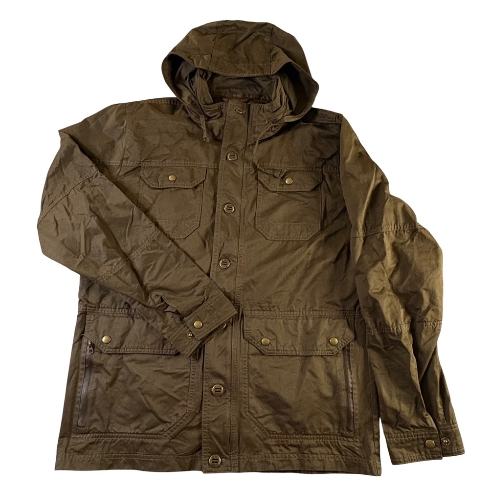 Kuhl Mens Hooded Field Jacket Brown Waxed Cotton Blend Utility Workwear Coat L